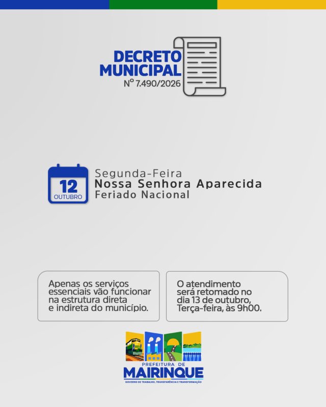 Prefeitura de Mairinque informa funcionamento dos serviços no feriado de Nossa Senhora Aparecida