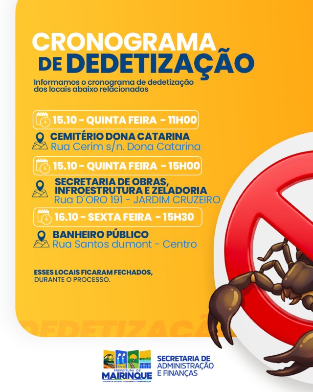 Prefeitura de Mairinque divulga cronograma de dedetização em espaços públicos