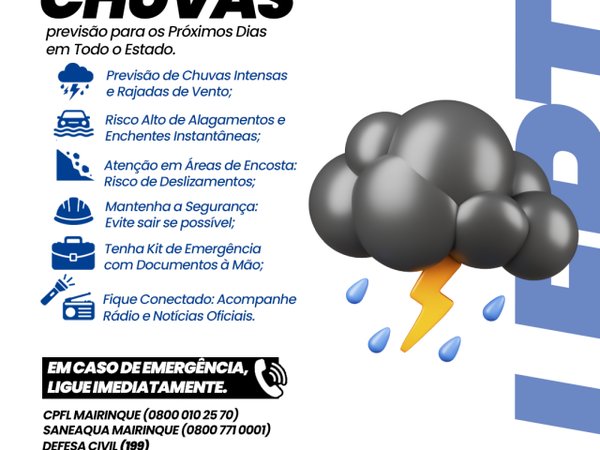 Prefeitura alerta para previsão de fortes chuvas e orienta população a sobre os cuidados
