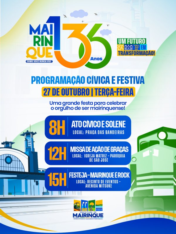 Mairinque celebra 136 anos de emancipação com programação cívica e festiva no dia 27 de outubro