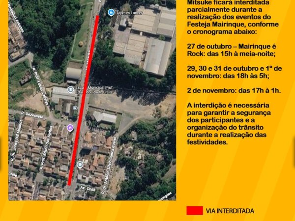 Prefeitura informa interdição parcial da Avenida Mitsuke durante o Festeja Mairinque
