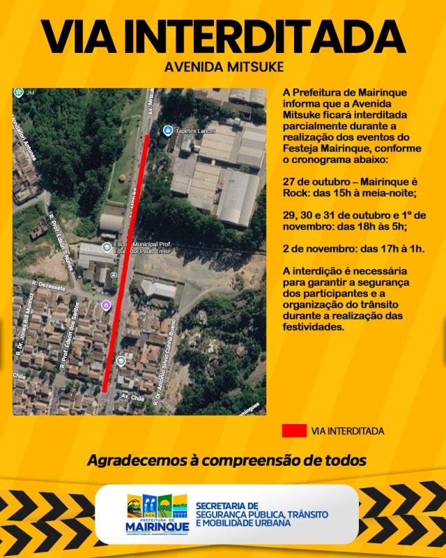 Prefeitura informa interdição parcial da Avenida Mitsuke durante o Festeja Mairinque