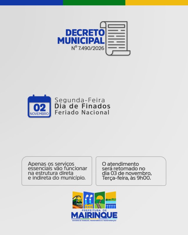 Prefeitura de Mairinque informa funcionamento dos serviços públicos no feriado de Finados
