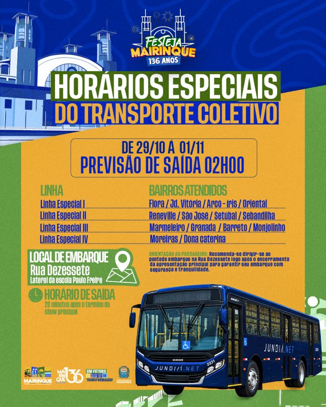 Prefeitura de Mairinque anuncia horários especiais do transporte coletivo durante o Festeja Mairinque