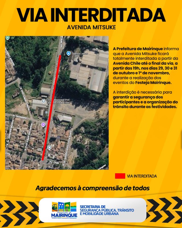 Avenida Mitsuke será interdita durante eventos do Festeja Mairinque
