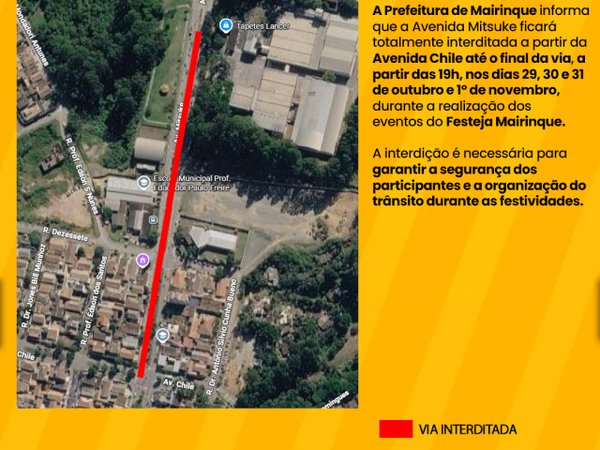 Avenida Mitsuke será interdita durante eventos do Festeja Mairinque